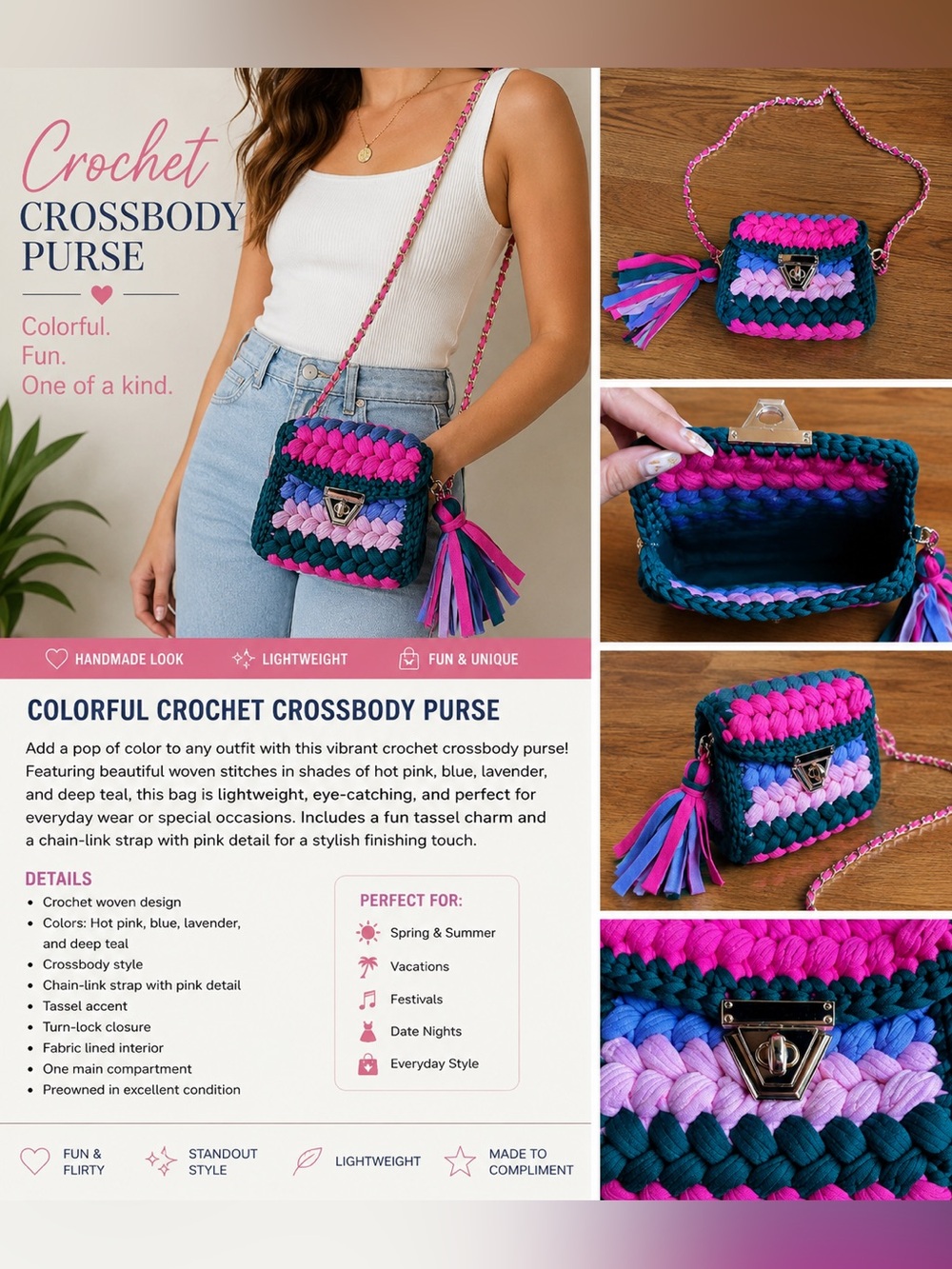 Handmade Colorful Crochet Crossbody Purse Pink, Blue, Lavender, Teal w/ tassel